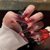 MISUD Press on Nails Long Stiletto Fake Nails Glossy Glue on Nails Wine Red Ombre Acrylic Nails Sharp Almond Artificial Nails Goth Burgundy Gradient Stick on False Nails with Design 24 pcs
