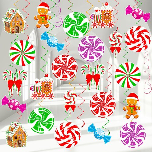 Gingerbread Christmas Hanging Swirls Decorations Candy Theme Hanging Decorations Gingerbread Man Ceiling Decor Ornaments for Indoor Outdoor Xmas Winter Holiday Party Supplies