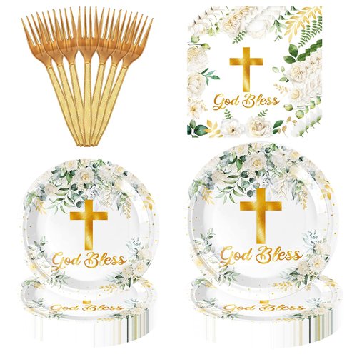 160PCS God Bless Birthday Party Supplies Set Disposable Paper Plates,Baptism Tableware Set Include Mi Bautizo Disposable Plates Napkins Forks for Eucalyptus Leaves Party Supplies Serve 40 Guests.