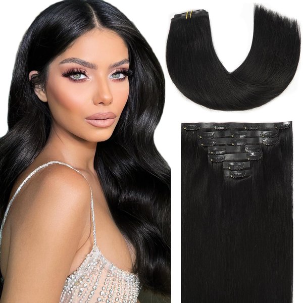 Loxxy Seamless Clip in Extensions Real Human Hair Pu Weft Straight Seamless Clip in Hair Extensions Human Hair 16 Inch Jet Black Real Hair Clip in Extensions Natural Hair Full Head #1 110g 7pcs