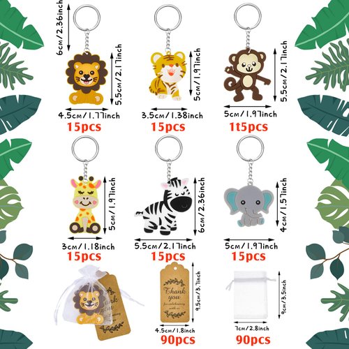 270 Pieces Cute Jungle Animal Keychains Safari Animals Party Favors Zoo Animals Key Ring Decoration with Thanks Kraft Tags and White Organza Bags for Birthday Party Favor