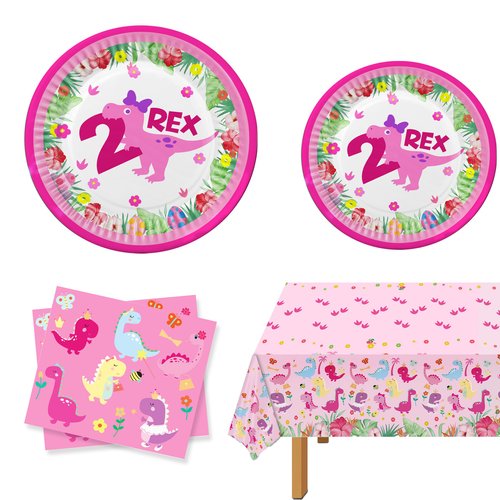10pcs Dinosaur 2 year old plate paper towel plus tablecloth，Two Rex Birthday Decorations Girl,Din...