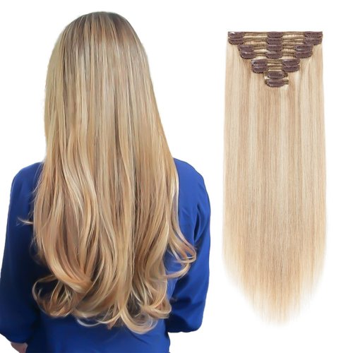 MY-LADY Double Weft Clip in Hair Extensions 100% Remy Human Hair Full Head Thick Long Soft Silky Straight 8pcs 18clips(18"/18 inch 140g,#18/613 Light Ash Blonde/Bleach Blonde)