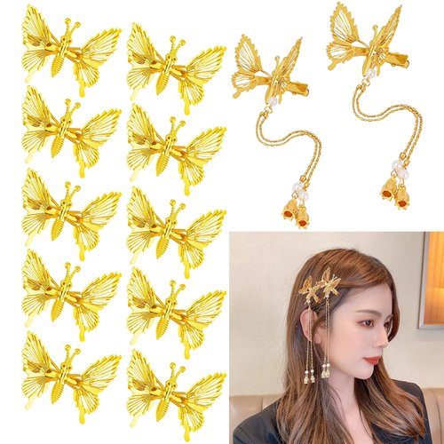 Flymind 12Pcs Moving Butterfly Tassel Hair Clips, Elegant Tassel Butterfly Hairpin Antique Side Clip Will Move Hairpins Decorative Bride Wedding Head Pieces Hair Accessories for Women Girls (Gold)