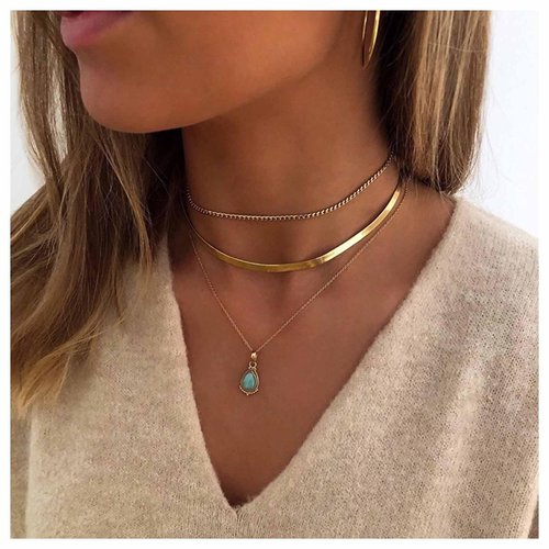Allereyae Vintage Layered Turquoise Necklace Turquoise Pendant Necklace Blue Stone Bead Choker Necklace Gold Snake Herringbone Chain Necklace Jewelry for Women