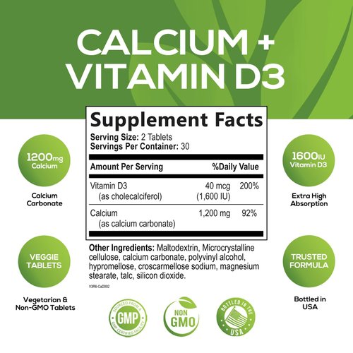 Calcium 1200 mg Plus Vitamin D3, Bone Health & Immune Support - Nature's Calcium Supplement with Extra Strength Vitamin D for Extra Strength Carbonate Absorption Dietary Supplement - 60 Tablets