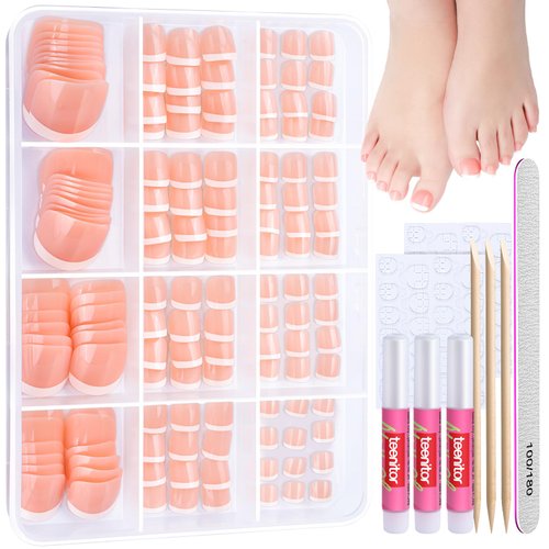 Teenitor 144pcs Press on Toenails for Women, 6 Sets French Tip Toe Press on Nails, Toe Nail Tips Fake Toenails, Fake Toe Nails Glue on Toe Nails Press on