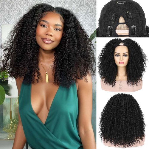 Quantum Love V part Curly Wigs Afro Curly Twist Out African American Wig for Black Women Afro Bomb Kinky Curly Synthetic Glueless Natural Black Wig 16 Inches