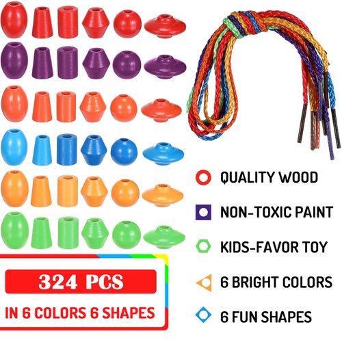 Shappy 324 Pcs Lacing Beads for Toddler 1-6 Years for School Classroom Wooden Beads Threading Toys Toddler String Beads Montessori Kids Lacing Toys Preschool Toddler Fine Motor Skills Toy
