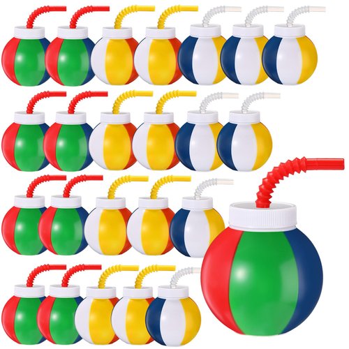 Amyhill 24 Set Beach Theme Party Supplies Beach Ball Favor Cups with Straws and Lids, 10 oz Plastic Swimming Pool Ball Cups Bulk for Kids Beach Birthday Theme Party Summer Pool Ball Party