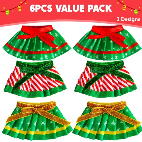 JOYIN 6PCS Christmas Clothing for Doll Dance Skirt Set with 3 Designs, Green Santa Dresses Clothes for Doll Dress up Costume Accessories, Xmas Holiday Decorations Gifts