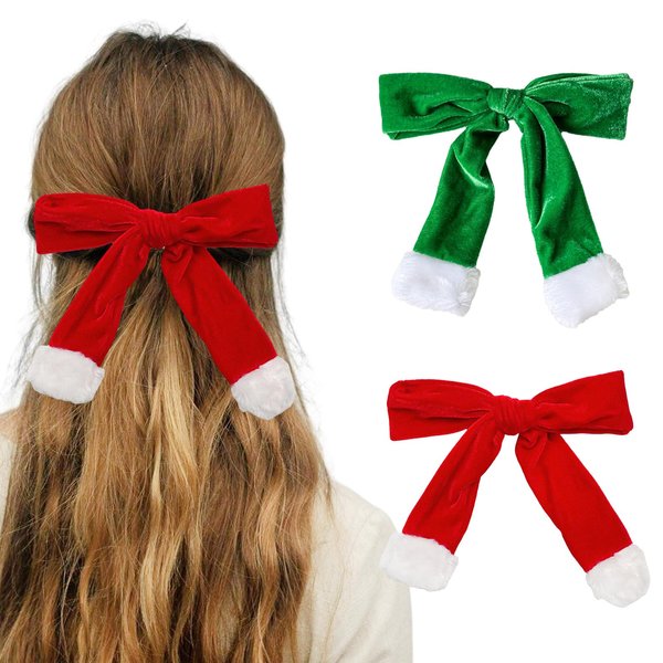 2 pcs Hair Bows for Women, Christmas Bow Hair Clip Handmade Hair Clips Velvet Bow knot Hair Barrettes with Long Tail, Red Green Claw Clips, Christmas Hair Accessories for New Year, Holiday, Birthday