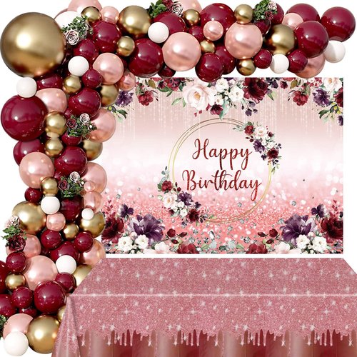 Floral Happy Birthday Decorations Women, 142PCS Burgundy Flower Birthday Party Supplies Including Happy Birthday Backdrop, Balloon Arch/Garland Kit, Birthday Tabblecloth for Girls