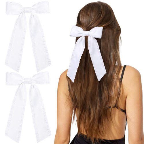 VOBOBE 2PCS Hair Bows for Women Girls, White Tassel Hair Ribbon Bowknot Hair Clips Barrettes Hair Accessories for Girl with Long Tail (White)