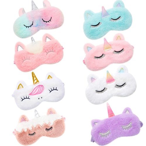 SATINIOR 8 Pcs Cute Sleep Masks for Kids, Unicorn Kids Sleep Mask, Funny Soft Plush Blindfold Eyeshade Sleep Eye Covers in Assorted Colors Travel Nap Sleep Lunch Break Overnight Party for Kids Girls