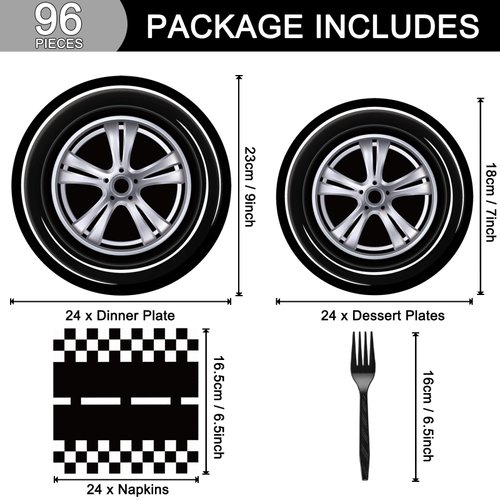 96 Pcs Race Car Party Plates and Napkins Sets, Racing Car Race Track Party Supplies Disposable Tableware Decorations Racing Wheel Sports Themed Dinnerware for Boys/Kids Birthday Party, Serves 24