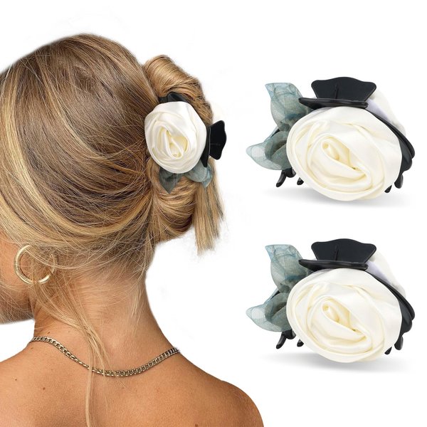 YISSION 2Pcs Flower Hair Claw Clips for Women Girls Rose Flower Hair Clip White Flower Claw Clips Medium Jaw Clips for Thin Thick Hair Cute Flower Hair Accessories for Women Girls
