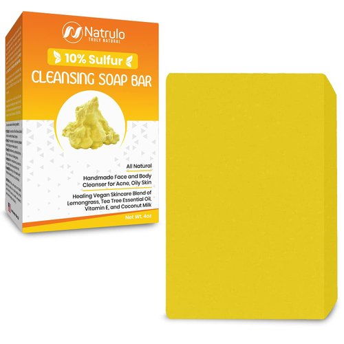 10% Sulfur Soap Cleansing Bar for Face & Body – All Natural Facial Cleanser for Acne, Oily Skin – Healing Skincare Blend of Lemongrass, Tea Tree Essential Oil, Vitamin E, Coconut Milk – Made in USA