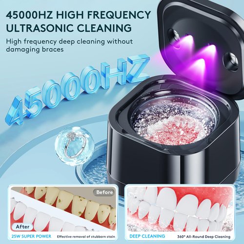 Ultrasonic Retainer Cleaner Machine - Ultrasonic U-V Cleaner for Dentures ligner, Mouth Guards, Braces, Toothbrush Heads, 45kHz Ultrasonic Retainer Cleaner for All Dental Appliances, Jewelry - Black