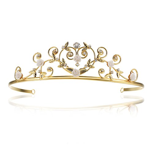 Rose Flower Rhinestone Crystal Wedding Tiara Crown - White Roses Gold Plating