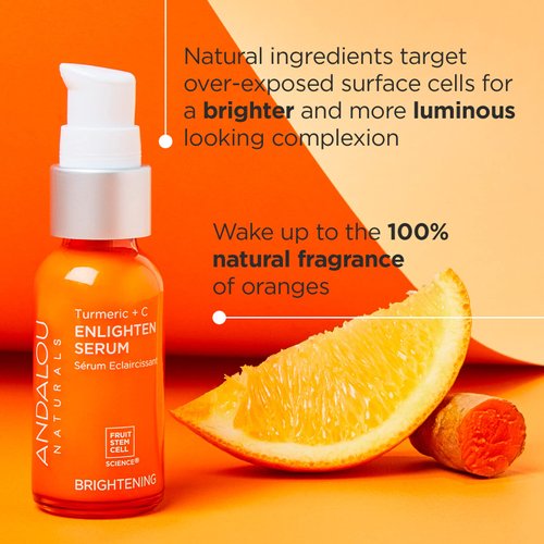 Andalou Naturals Turmeric + C Enlighten Serum, Skin Brightening with Vitamin C & Turmeric, Anti-Aging Care, Diminish Sun Damage, Lighten Skin, 1.1 Fl Oz.