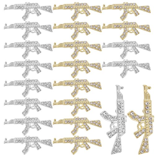 Framendino, 20 Pack Silver Gold Gun Nail Charms Rhinestones Gun Nail Art Charm Shiny Diamonds Metal Nail Accessories for Nail Art Decorations