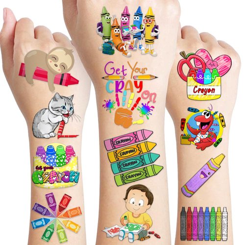 94 PCS Back To School Funny Art Crayon Temporary Tattoos Sticker Crayon Painting Birthday Party Decorations Favors Supplies Gifts Boys Girls Baby Shower Cute Tattoo School Prizes Reward Themed