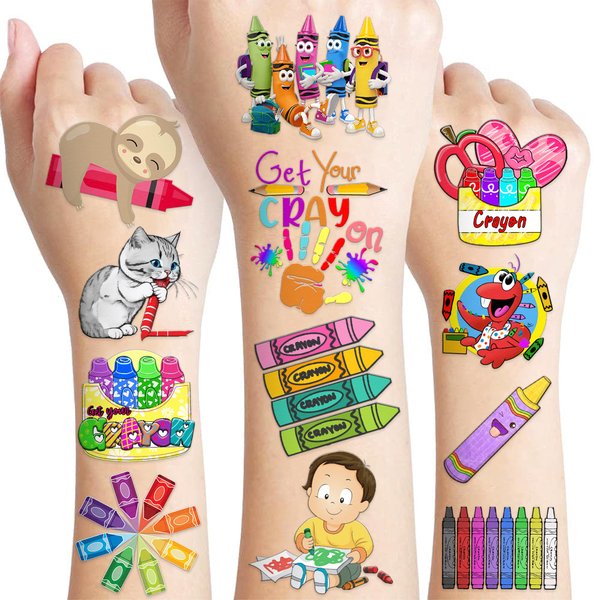 94 PCS Back To School Funny Art Crayon Temporary Tattoos Sticker Crayon Painting Birthday Party Decorations Favors Supplies Gifts Boys Girls Baby Shower Cute Tattoo School Prizes Reward Themed