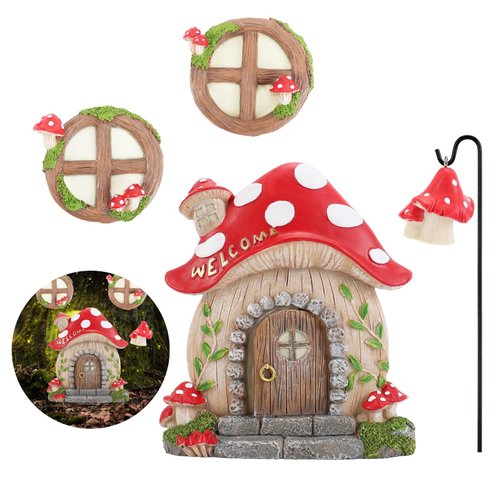 Jauay Miniature Fairy Garden Accessories Mushroom Fairy Door and Windows for Trees, Glow in The Dark Yard Garden Sculpture Lawn Ornament Outdoor Decor Accessories with Fairy Lantern