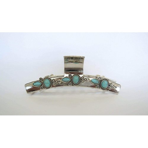 Generic Long shiny turquoise blue silver boho design metal native tribal hair claw clip