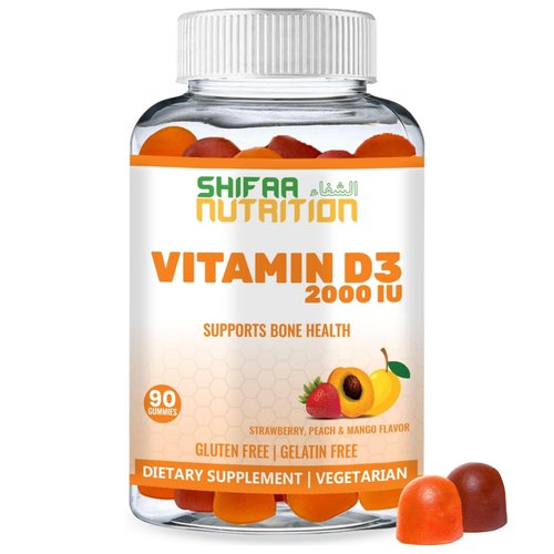 SHIFAA NUTRITION Vegetarian Vitamin D3 Gummies for Adults & Kids | 45-90 Servings, 2,000IU / 1,000IU | Non-GMO, Gluten-Free, Gelatin-Free | Supports Bones, Muscles & Immune System Halal Vitamins