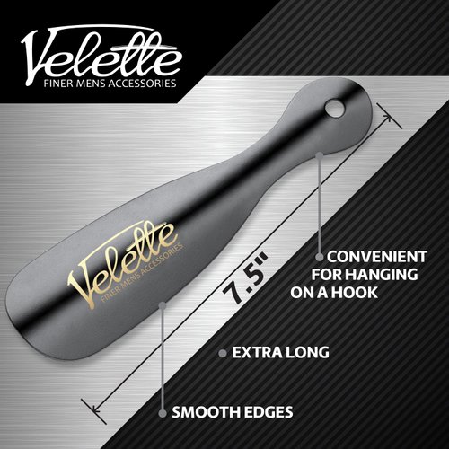Velette Metal Shoe Horn, 2 Pack - 7.5" Long Black Shoe Horns- Top Quality Stainless Steel Shoe Helper
