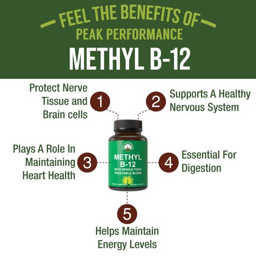 Methyl B12 Vitamin + Whole Food Blend of 25 Vegetables and Fruits for Max Absorption. Vegan Vitamin B12 Methylcobalamin - Methyl B-12 Supplement for Energy, Focus and Relief. 30 Day Supply Capsules