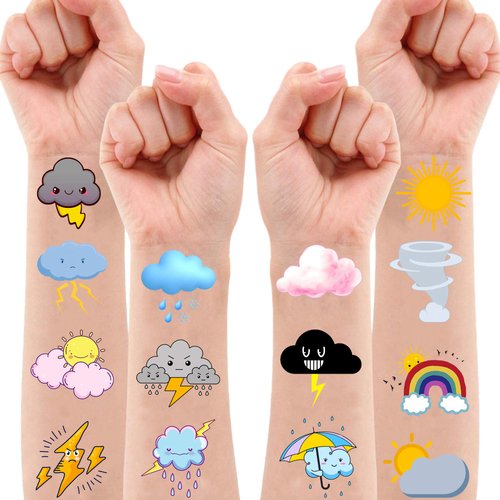 100 PCS Weather Forecast Temporary Tattoos Themed Birthday Party Decorations Favors Supplies Decor Tornado Rainbow Clouds Sun Tattoo Stickers Gifts For Game Kids Boys Girls Classroom School Prizes