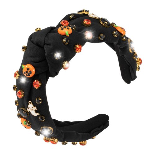 Halloween Rhinestone Knotted Jeweled Headband for Women Halloween Pumpkin Ghost Embellished Mixed Top Hairband ladies Twist Wide Hair Band Accessories Holiday Makeup Hair Hoop Gifts (Halloween-Black)