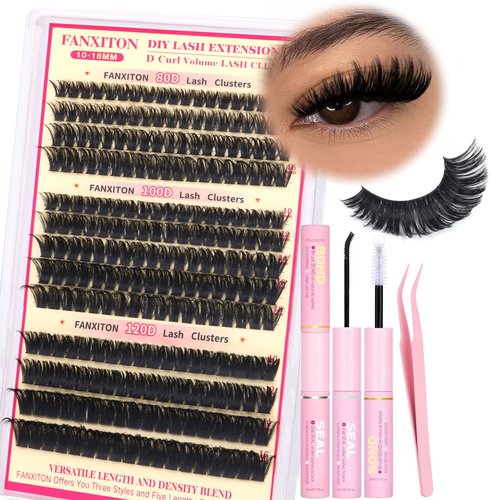 D Curl Lash Clusters Kit Thick Lash Extension Kit Volume Lash Clusters 80D+100D+120D Eyelash Clusters Kit 10-18mm Individual Lashes with Bond and Seal by FANXITON