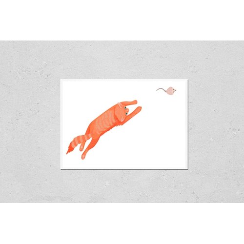 Wall Art Poster Print of A Cat Jumps and Runs After a Mouse, a Gray Rodent, a Pet, Protects from Rodents, a Rat Hunter, Pets Characters. View from Above. Illustration of Animals.