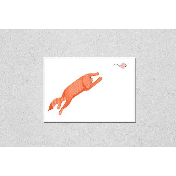 Wall Art Poster Print of A Cat Jumps and Runs After a Mouse, a Gray Rodent, a Pet, Protects from Rodents, a Rat Hunter, Pets Characters. View from Above. Illustration of Animals.