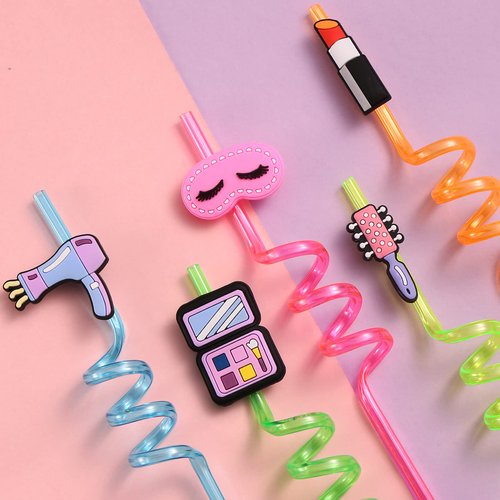 24 Makeup Party Favors Reusable Plastic Straws for Pink Girls Kids Baby Spa Themed Birthday Party Supplies Decorations with 2 Cleaning Brushes