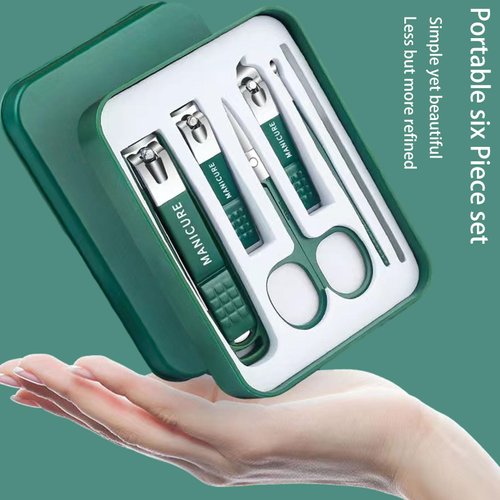 Dark Green Splash-Proof Stainless Steel Nail Clipper Set with 6-Piece Nail Clipper Set, Nail Clipper Repair Tool (Nano Glass File for Shining Nails, Dual Purpose Repair+Ear Spoon+Eyebrow Clipper+diag