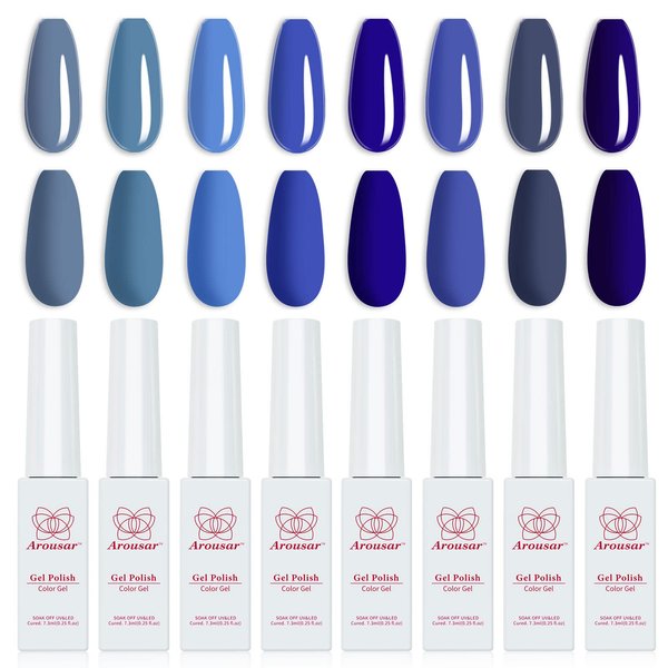 Arousar Gel Polish, 8 Colors Sky Blue Navy Starter Kit, Hallowmas Fall All Seasons Neutral Blue Soak Off Nail Gel Polish Set, Quick Dry Nail Lamp Manicure Art, DIY Salon Home Gift