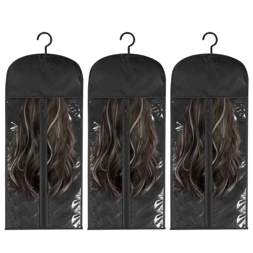 GlamLife Wig Hanger Hair Extension Holder, Wig Storage with Dust-proof Design, Organize and Protect Your Wigs - Hair Extensions, Wigs & Accessories, 3 Pack (Black)