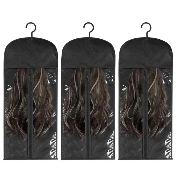 GlamLife Wig Hanger Hair Extension Holder, Wig Storage with Dust-proof Design, Organize and Protect Your Wigs - Hair Extensions, Wigs & Accessories, 3 Pack (Black)