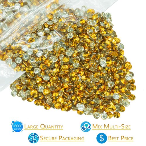 16000PCS Bright Gold Resin Rhinestones for Crafts 3mm 4mm 5mm Clear Golden Flatback Jelly Rhinestones Bulk SS10 SS16 SS20 Non-Hotfix Stones Diamonds Crystals Gems for Mugs Tumblers Bottles DIY Crafts