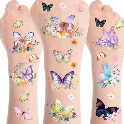 Butterfly Temporary Tattoos for Women - 200+ Flowers Temporary Tattoos for Girl Kids Watercolor 3D Realistic Fake Sticker for Adults Face Arm Body Arts Party Favor