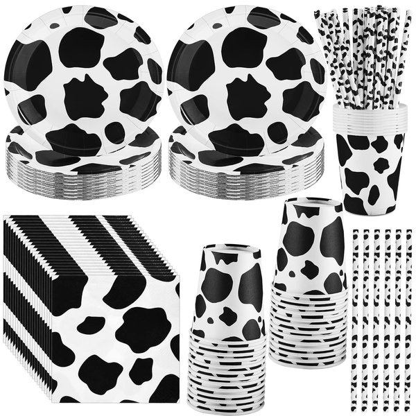 Lewtemi 100 Pcs Cow Print Party Supplies Kit, Include Napkins, Plates, Cups, Straws for Farm Animal Theme Birthday Party Picnic Decoration