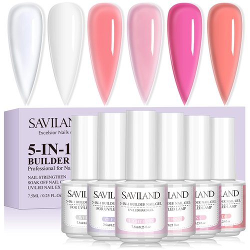 SAVILAND 5-in-1 Builder Nail Gel - 6 Colors 7.5ML Builder Nail Gel Clear White Pink Nudes Nail Extension Kit Hard Gel for Nails Gift Box Set for Ladies Girls