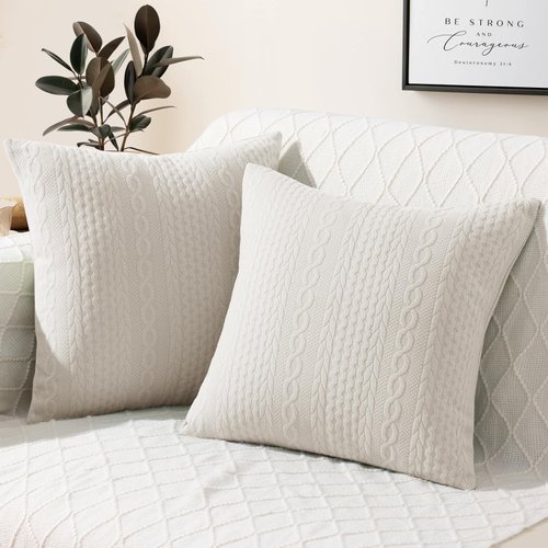 Cikary Decorative Throw Pillow Covers 18x18 Set of 2 for Sofa Bed with Raised Twisted Rope Pattern, Stretchy Embossed Couch Pillow Covers, Beige