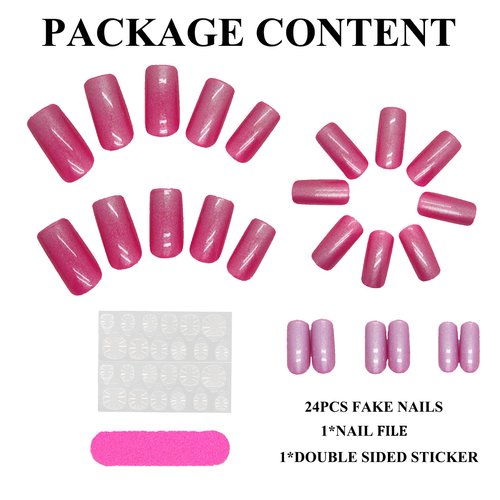 MERVF Long Press on Nails Square Hot Pink Fake Nails Press ons Glitter Chrome Acrylic Nails Squoval Solid Color False Nails Glossy 24pcs