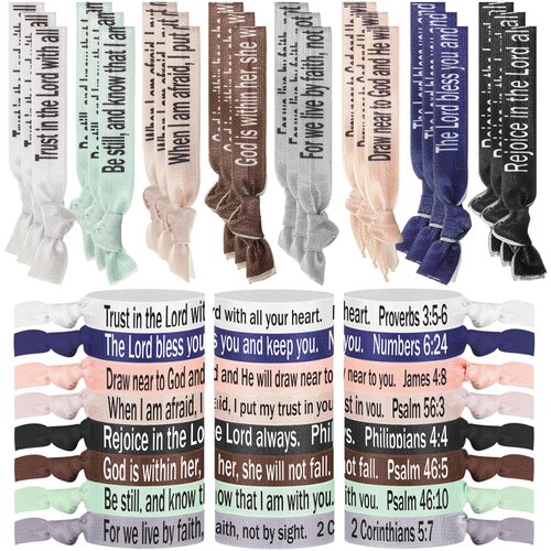 Solsew 48 Pcs Bible Verses Ribbon Hair Ties Christian Bible Verse Bracelet Bulk Christian Religious Elastic Ponytail Holder Wristbands for Women, Christian Gifts Bulk for Christians Bible Lovers